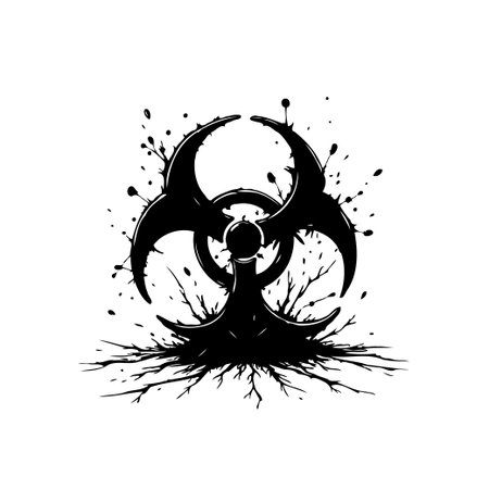 A biohazard symbol depicted in black, surrounded by dark grunge splatters and roots, suitable for vector illustrations and designs related to biological hazards.のイラスト素材
