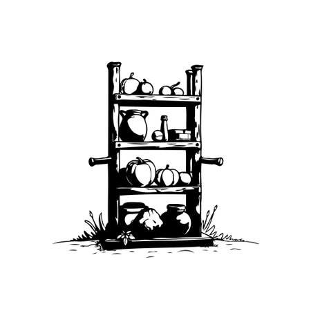 This black and white illustration features a rustic wooden shelving unit filled with various fruits and jars. The simple design evokes a vintage, farmhouse aesthetic.のイラスト素材