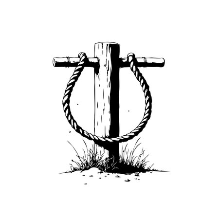 A black and white illustration features a weathered wooden post with a thick rope looped around it. The vintage style evokes a rustic, nautical feel, capturing a sense of strength and age.のイラスト素材