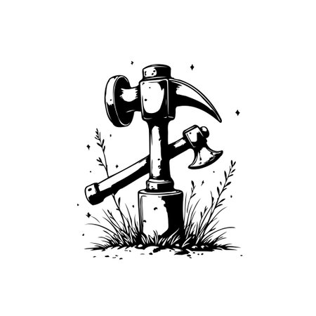 A black and white vintage vector illustration featuring a crossed hammer and axe, evoking a sense of craftsmanship and classic design. Perfect for illustrating construction or woodworking themes.のイラスト素材