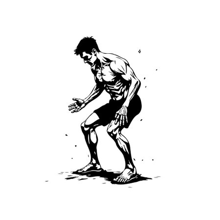 Dynamic vector illustration of a muscular man in a crouching position, conveying the essence of strength, fitness, and athletic prowess. Perfect for fitness or health related theme.のイラスト素材