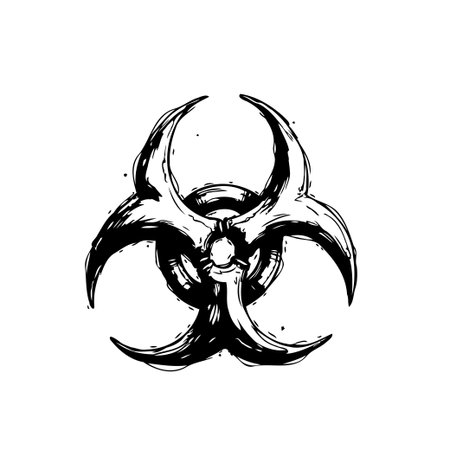 Simple sketch of a biohazard symbol, signifying danger and warning, illustrated with brush strokes for a distressed effect.のイラスト素材