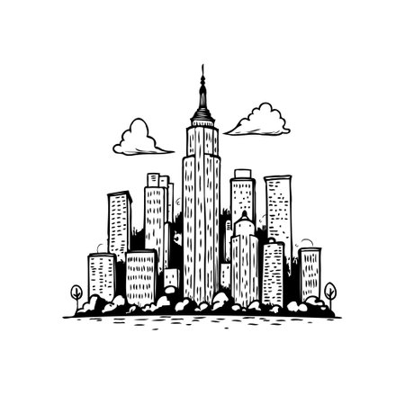 Black and white hand-drawn illustration of the New York City skyline, dominated by the Empire State Building, evoking a sense of travel and urban exploration.のイラスト素材