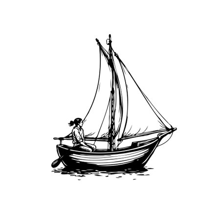 Elegant hand-drawn illustration of a sailboat gently sailing on the water. Ideal for nautical, travel, or adventure themes.のイラスト素材