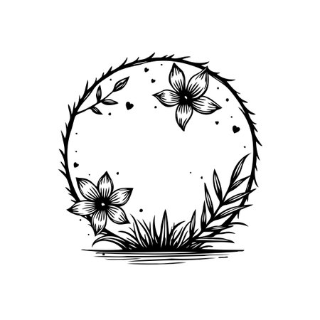 Elegant black and white floral circle frame illustration, perfect for botanical designs, invitations, or decorative projects. Features detailed flower and leaf elements.のイラスト素材