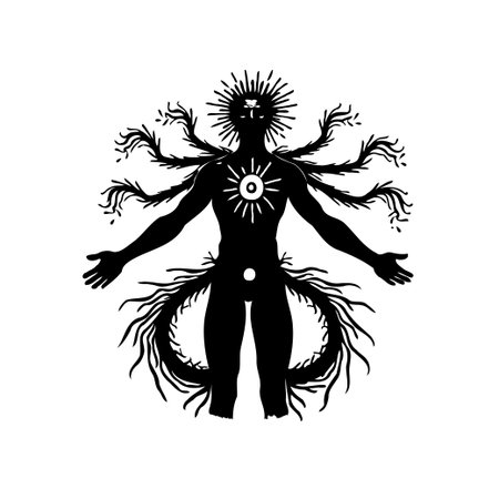 Conceptual artwork depicting a silhouette of a mystical being radiating solar light and adorned with branching limbs, embodying spirituality.のイラスト素材
