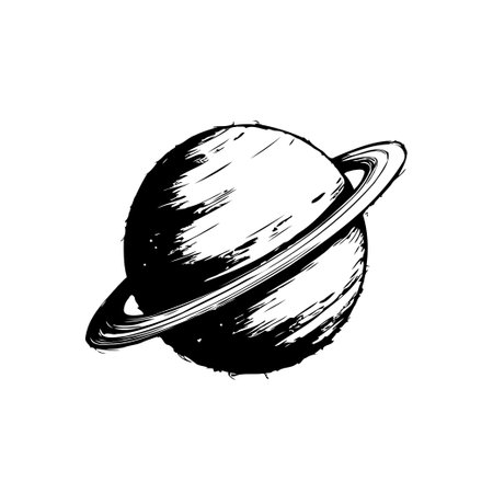 This black and white illustration depicts the planet Saturn with its distinctive rings. A detailed drawing showcases the celestial beauty of our solar system.のイラスト素材