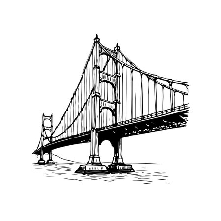 Black and white illustration of the Golden Gate Bridge, showcasing its architectural design and iconic status as a landmark in San Francisco, California.のイラスト素材