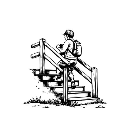 A monochrome illustration shows a child with a backpack ascending a wooden staircase. The sketch style evokes a sense of adventure and upward movement.のイラスト素材