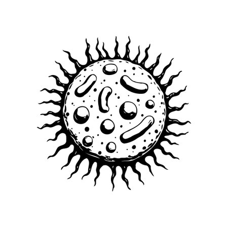 Detailed black and white illustration of a virus or bacteria cell. The artwork showcases intricate details of the cell structure and composition.のイラスト素材