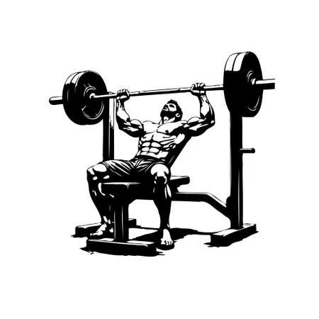 An illustration of a muscular man performing a bench press. The image emphasizes strength, fitness, and dedication to bodybuilding and exercise. The monochromatic design adds a dramatic touch.のイラスト素材