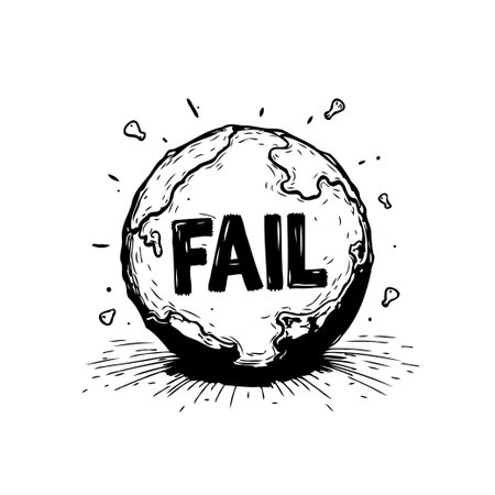 Illustration of earth written with word fail and surrounding by shatter or broken pieces, symbolizing global crisis and environmental degradation challengesのイラスト素材