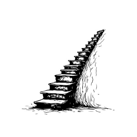 A hand-drawn illustration of a staircase leading upward. The black and white drawing captures the perspective of climbing towards a destination, symbolizing progress and growth.のイラスト素材