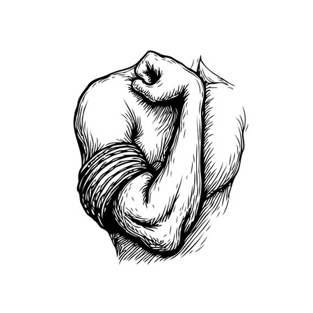 Illustrative artwork of a strong arm, flexing muscles. Depicts fitness, power, and determination through detailed art. Isolated on a white background.のイラスト素材