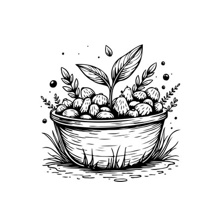 A simple line art illustration depicts a small plant growing from a bed of pebbles and rocks in a pot, symbolizing new growth and nature.のイラスト素材