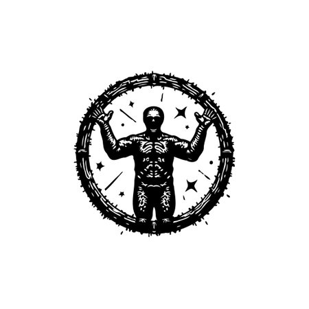 A strong figure emerges from darkness, surrounded by thorns and stars, symbolizing resilience and triumph over adversity. This monochrome vector art evokes occult and spiritual themes.のイラスト素材