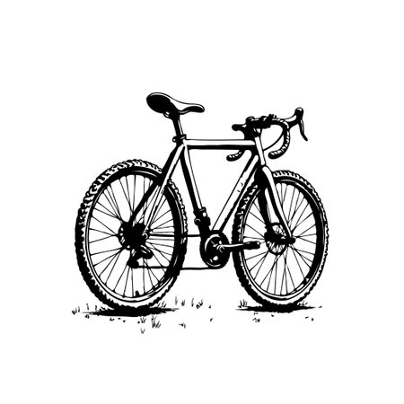 A monochrome cyclocross bike illustration isolated on white background. Perfect for designs related to cycling, sports, active lifestyle, and healthy habits.のイラスト素材