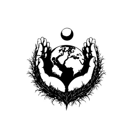 A striking monochrome image features two hands gently cradling the Earth, with a prominent tree silhouette embodying themes of environmental consciousness and stewardship.のイラスト素材