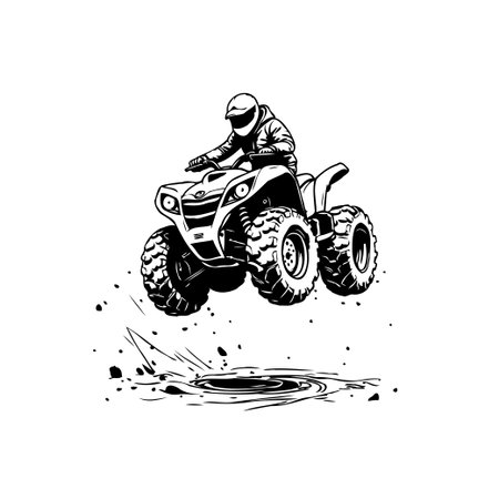Monochrome illustration of a all terrain vehicle with rider jumping over an water obstacle. Ideal for advertising, sports and recreation themes.のイラスト素材