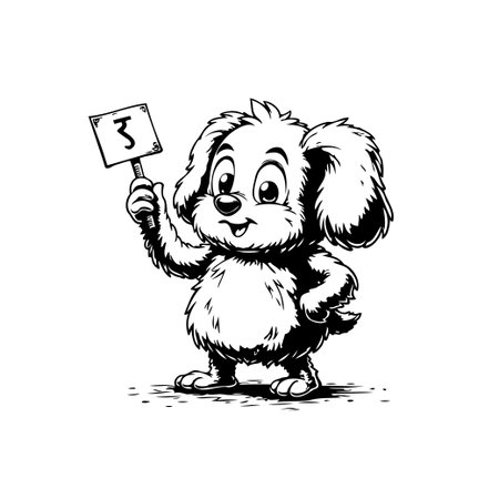 A cheerful cartoon dog holds up a sign with the number three. The black and white illustration is perfect for adding a touch of fun.のイラスト素材
