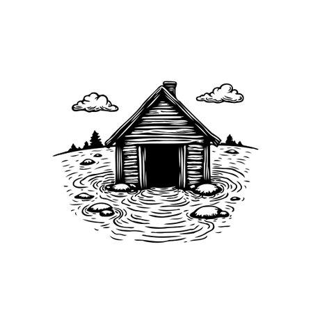 A black and white illustration depicts a quaint wooden house partially submerged in water, surrounded by a peaceful landscape and gentle clouds.のイラスト素材