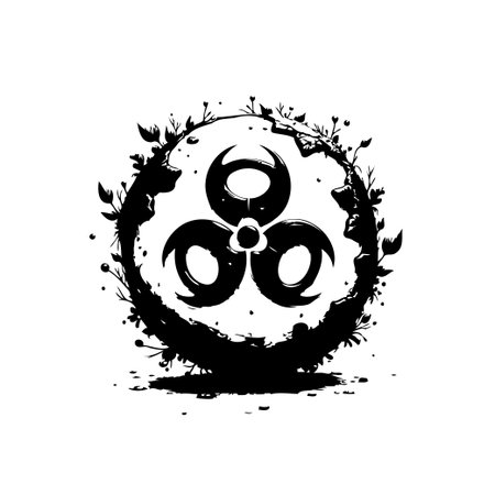 Abstract biohazard symbol intertwined with organic elements, representing nature's resilience against environmental hazards. A visual metaphor for ecological concerns.のイラスト素材