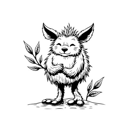 A cute and whimsical forest creature illustration. The monster stands happily with leaves. Perfect for fantasy or children's illustrations.のイラスト素材