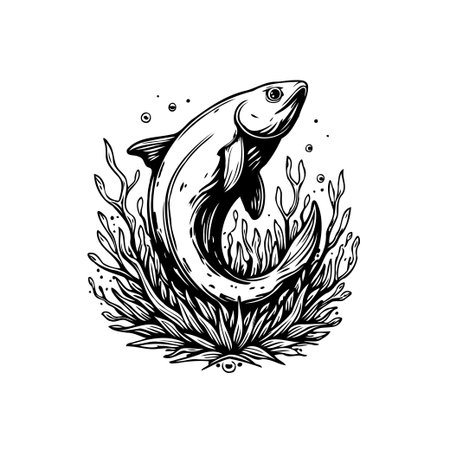 This detailed illustration features a fish gracefully swimming among aquatic plants. The monochrome artwork captures the essence of underwater life with artistic flair.のイラスト素材