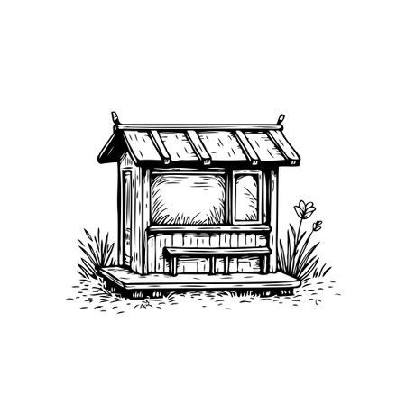 Detailed hand-drawn illustration of a rustic wooden bus stop with floral accents, evoking a vintage countryside charm and simplicity.のイラスト素材