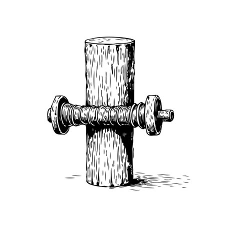 A vintage-style woodcut illustration showcases a screw mechanism securing a piece of wood. The detailed design evokes a sense of historical engineering and craftsmanship.のイラスト素材