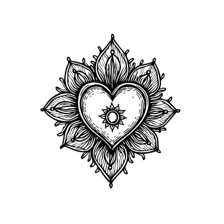 An intricate heart shaped mandala illustration with detailed line work, perfect for love themed designs or spiritual artwork. It represents peace, harmony, and mindfulness.のイラスト素材