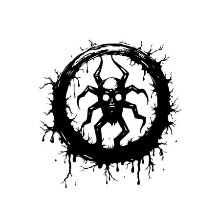 A spooky graphic design featuring a creepy creature encased in a grunge circle. Ideal for themes of horror, Halloween, or dark fantasy.のイラスト素材