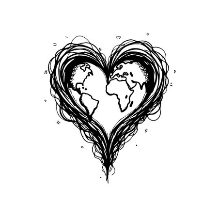 Artistic heart shaped earth illustration, symbolizing global unity and environmental awareness, conveys love for our planet and the importance of international cooperation.のイラスト素材