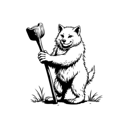 A comical illustration of a bear with a plunger. The bear is standing, smiling, and holding the plunger as if it's a weapon. The illustration is black and white, clean, and simple.のイラスト素材