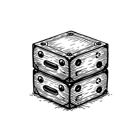 A hand drawn artistic sketch features two stacked square boxes, displaying perspective and shading details. The monochrome illustration is isolated, highlighting its geometric shapes and textures.のイラスト素材