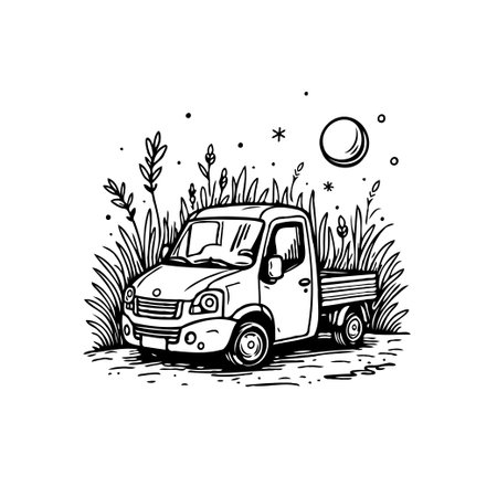 A charming monochrome illustration features a miniature truck set amidst tall grasses beneath a celestial sky. The detailed linework and whimsical style create a captivating and nostalgic scene.のイラスト素材