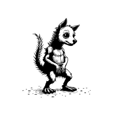 A creepy black and white drawing depicts a bizarre monster standing on two feet with a long tail and strange eyes.のイラスト素材