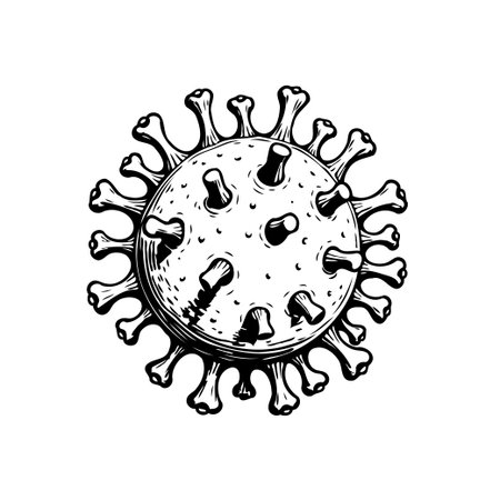 A detailed hand-drawn illustration of the coronavirus, showing its structure and the mechanism of infection. Ideal for medical, scientific, and awareness materials.のイラスト素材