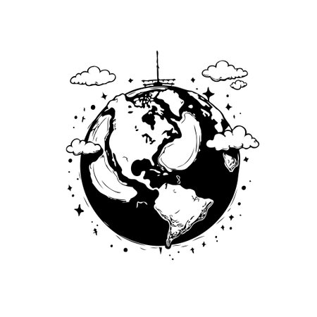 Black and white illustration of the world surrounded by clouds and stars. Perfect for Earth Day or any environmental concept.のイラスト素材