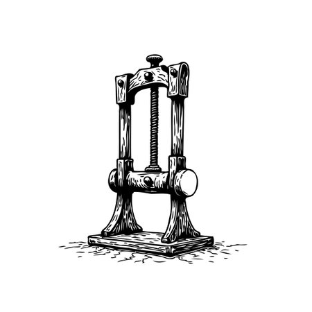 A vintage hand-operated screw press illustration, showcasing intricate mechanical design and historical engineering, rendered in a detailed sketch style on a white background.のイラスト素材