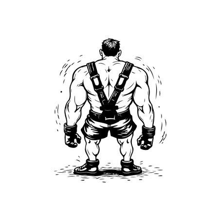 A black and white illustration of a muscular man wearing suspenders, showcasing strength and determination with a confident pose, embodying fitness and healthy lifestyle.のイラスト素材