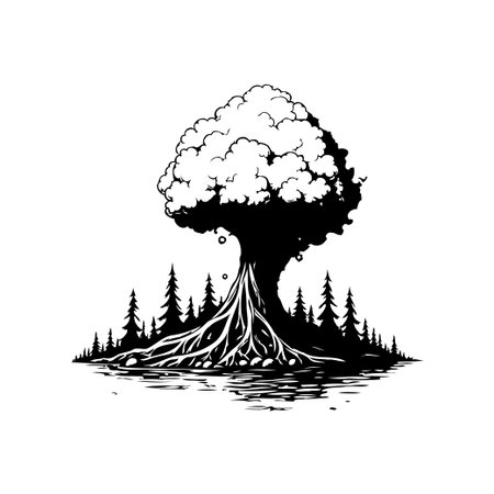 A captivating black and white illustration depicts a large tree with intricate roots. Smaller evergreen trees surround the scene, which reflects in nearby water creating a harmonious natural landscape.のイラスト素材