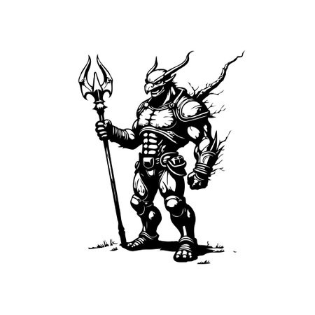 This striking black and white illustration depicts a powerful armored warrior wielding a trident, exuding strength and fierce determination, ready for fantasy adventure.のイラスト素材