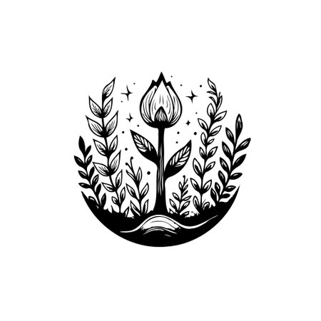 Elegant black and white illustration of a flower blossoming amidst foliage, forming a crescent shape beneath a starlit sky. Captures nature's beauty and tranquility.のイラスト素材