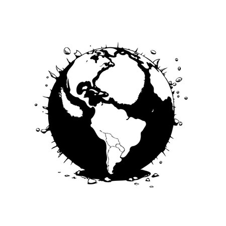 The image shows a black and white drawing of the Earth, depicting damage and destruction. It highlights global issues like climate change and environmental degradation.のイラスト素材
