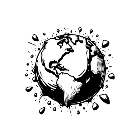 An abstract black and white illustration of planet Earth surrounded by splatters, suggesting fragility and environmental issues. The monochrome design evokes a sense of urgency and concern.のイラスト素材