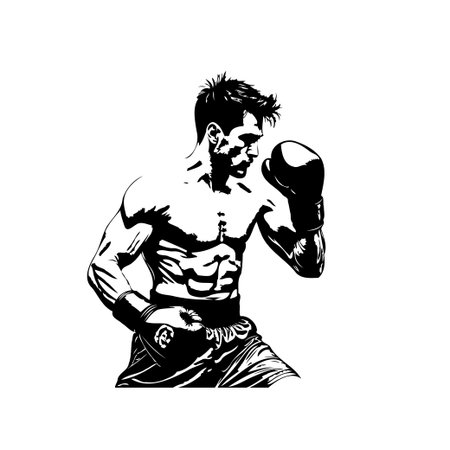 A black and white silhouette image of a muscular boxer in a fighting pose, illustrating strength, fitness, and determination, perfect for sports or health-related themes.のイラスト素材