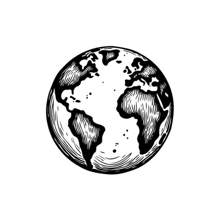 This is a detailed monochrome vector illustration of the Earth, highlighting its continents, oceans, and textures in a vintage style. It is suitable for educational or artistic purposes.のイラスト素材