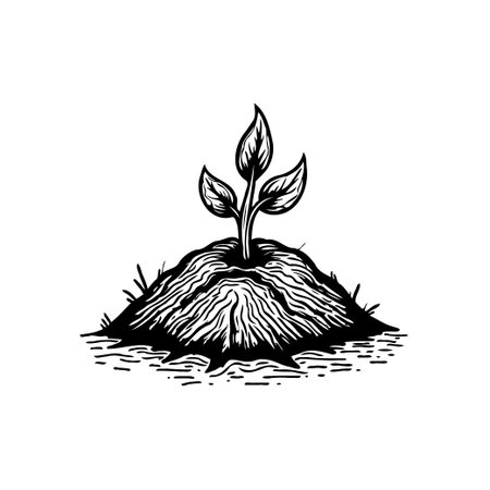 A minimalistic illustration features a small plant sprouting from a mound of earth, symbolizing new beginnings and growth.のイラスト素材
