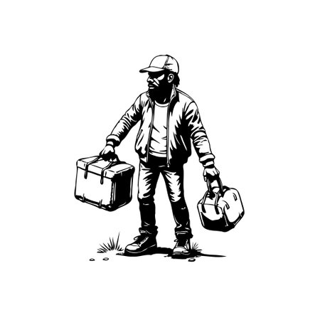 A monochrome illustration of a delivery man carrying boxes, illustrating his work ethic. The character stands tall with determination, symbolizing the essence of service and delivery.のイラスト素材